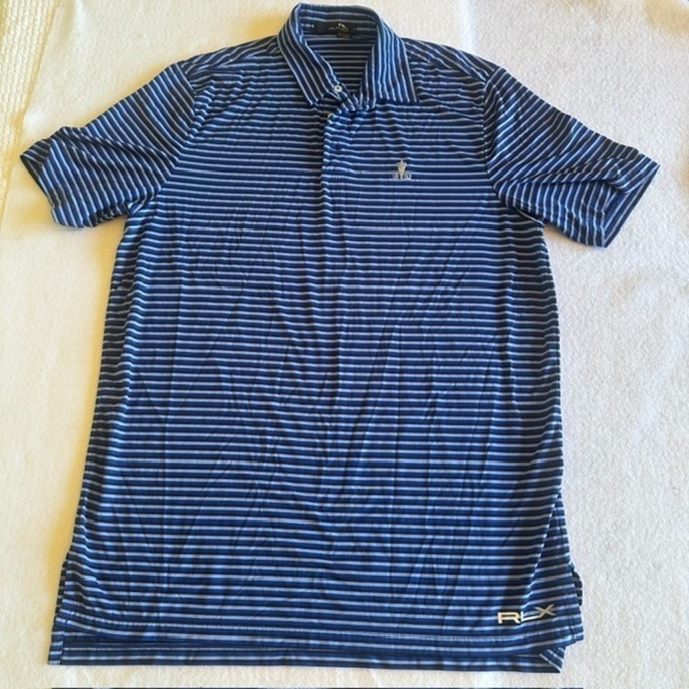 RLX Ralph Lauren Polo Shirt Stripe Blue White Mens L Golf Performance Logo
